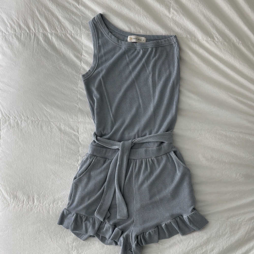One Shoulder Blue Romper with Ruffle Hem